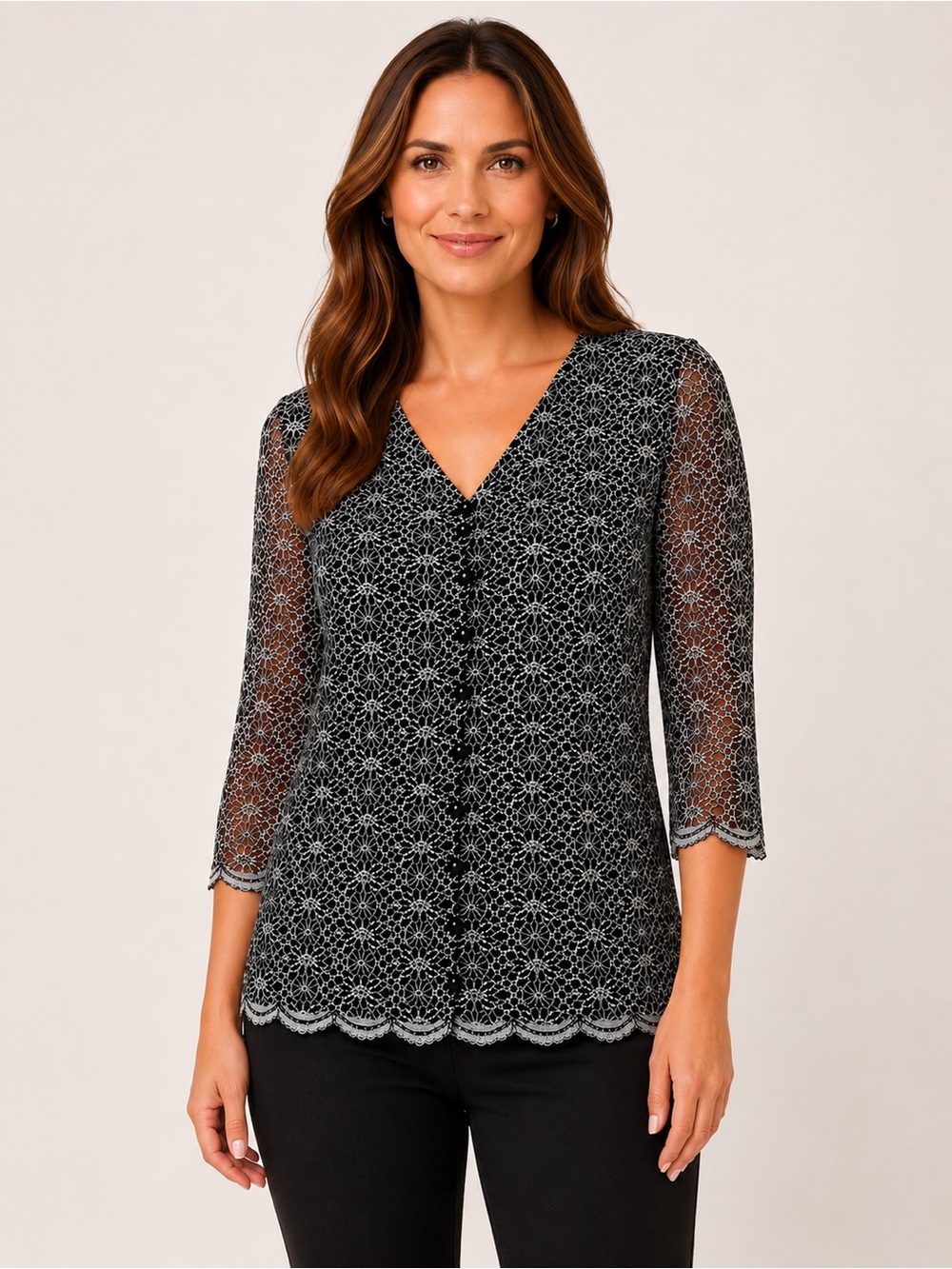 Christopher & Banks Black & White Lace Knit Top Size Small